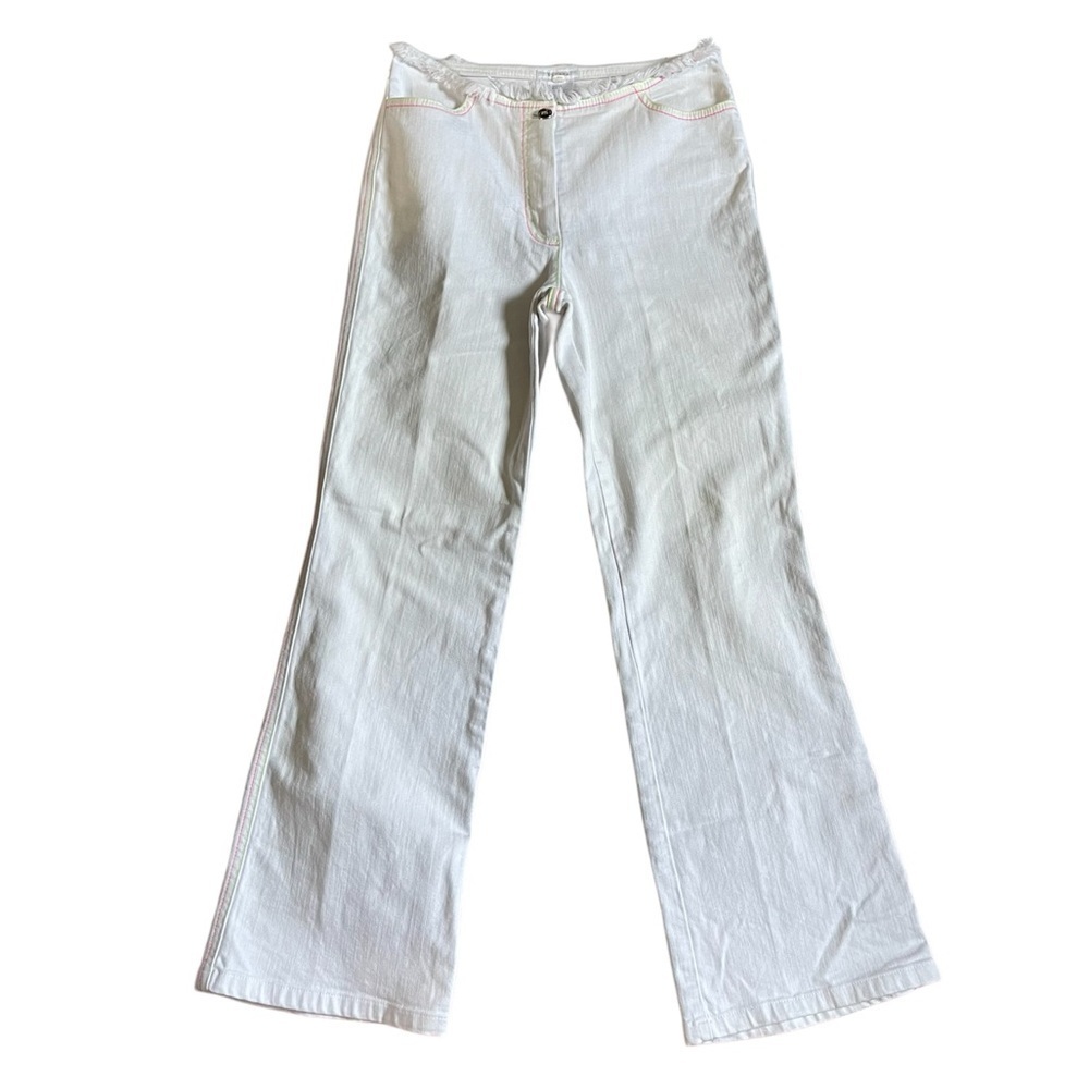 Escada White Denim with Contrast Stitching Fringe Waist Flare Jeans 34
